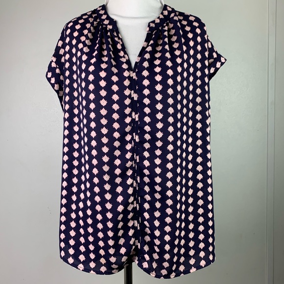 Pleione Tops - Pleione Blue Pink Printed Split V-Neck Blouse K332